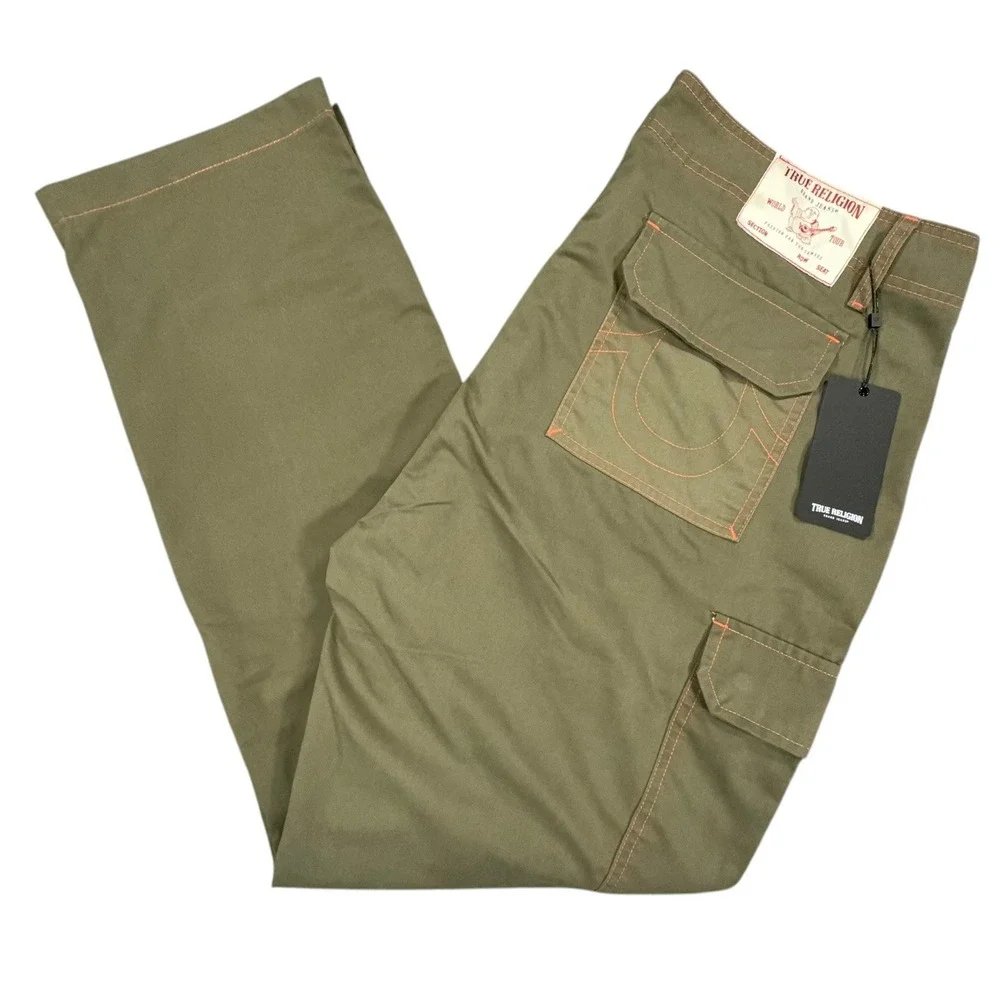 True Religion Cargo Pants Mens 38 Olive Green Twill Orange Stitching 108335 NWT